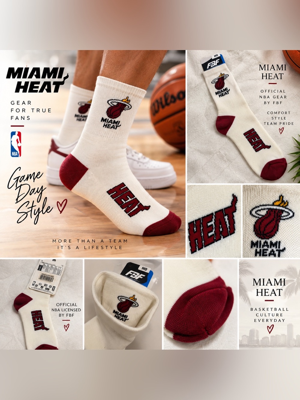 For Bare Feet Miami Heat NBA Mid-Calf white Maroon Crew Socks